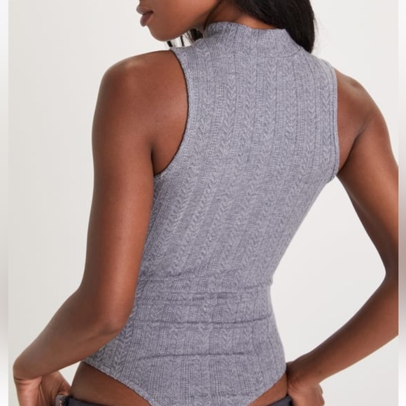 Lulus Seasonal Charisma Heather Grey Pointelle Mock Neck Bodysuit - Picture 3 of 3